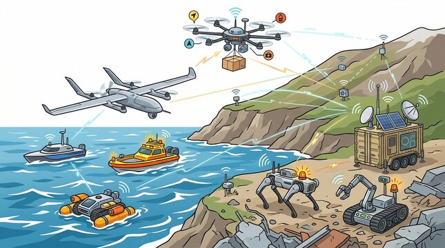 An intricate dream-like panorama showcasing advanced autonomous robots and drone technology operating cohesively across diverse coastal environments, enhancing future security and efficiency
