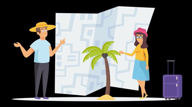 Holiday tour plan of a couple's flat illustration navigating on a map. Vacation on summer advertising concept of travel agencies 