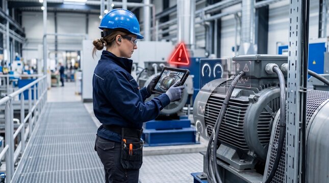 Engineer checking machinery with tablet in modern industrial facility.