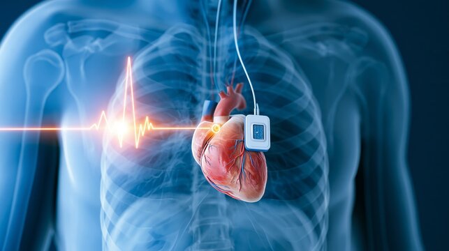 Human chest showing heart with pacemaker device, a glowing EKG line monitoring cardiac rhythm activity, medical concept