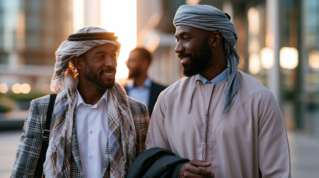 A businessman in a soft thobe with a soft folded ghatra walks softly with a calm colleague through a bright modern plaza in soft golden daylight colleague walk modern plaza