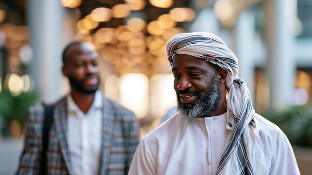 A businessman in a soft thobe with a soft folded ghatra walks softly with a calm colleague through a bright modern plaza in soft golden daylight colleague walk modern plaza