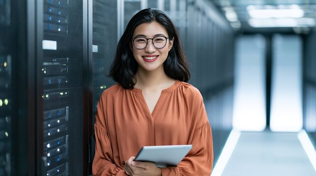 Asian woman IT specialist smiling in server room, inspecting data center infrastructure with digital tablet