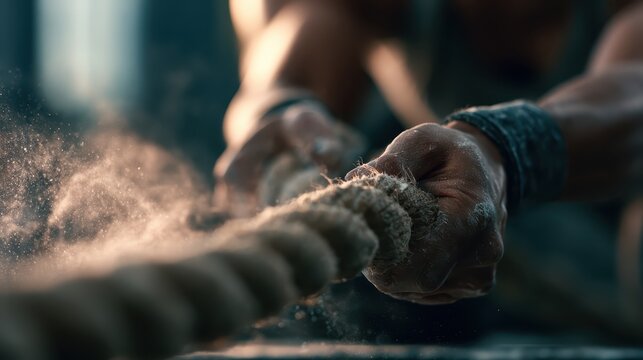 Close-up of strong athlete hands covered in chalk gripping and pulling a thick rope with flying dust during an intense gym workout.