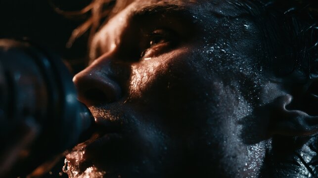 Extreme close-up of an exhausted and sweaty male athlete drinking water from a shaker bottle after an intense workout.