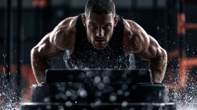 Intense muscular male athlete pushing heavy sled with splashing sweat in a dark gym during an extreme functional training workout.