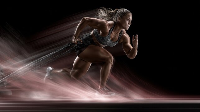 Powerful muscular female athlete sprinting with a sled pull harness showing explosive movement and dynamic motion blur on a dark background.
