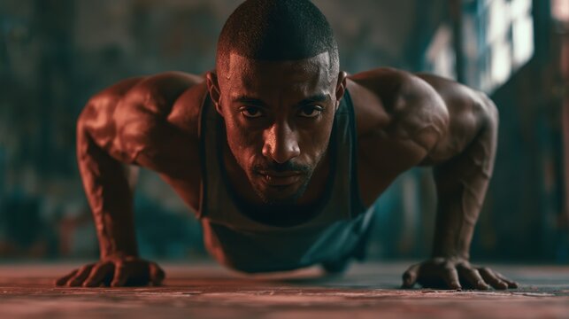 Front view of a determined muscular male athlete doing a push-up or explosive burpee on a dark gym floor with cinematic lighting.