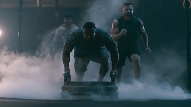 Muscular male athlete pushing a heavy sled through smoke while his training partner runs alongside shouting encouragement in a dark gym.