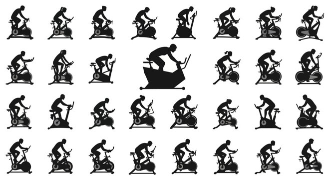 Cyclists ride exercise bikes in this collection.