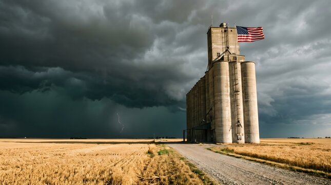 Tall concrete grain elevator with american flag under dramatic dark storm clouds in field.