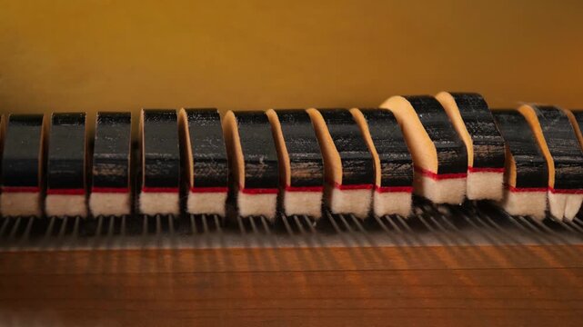Macro shot of the internal mechanism of a vintage piano during performance. Wooden dampers with felt lift and lower alternately to mute the metal strings