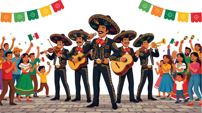 Traditional Mexican mariachi band performing at a festive outdoor celebration with a cheering crowd waving flags and colorful papel picado decorations