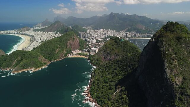 Drone ascends and pulls back to reveal Rio de Janeiro, beaches, bays, Sugarloaf Mountain, and city skyline