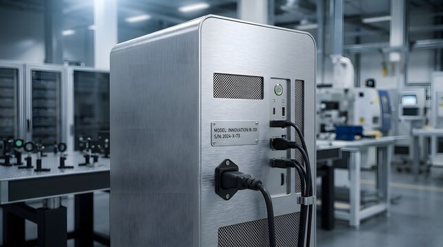 Back panel of industrial computer device in modern laboratory