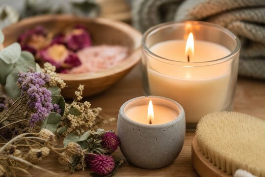Scented candles glowing beside dried flowers, bath salts and natural body brush in cozy spa setting, peaceful elegant rustic wellness still life with soft warm light