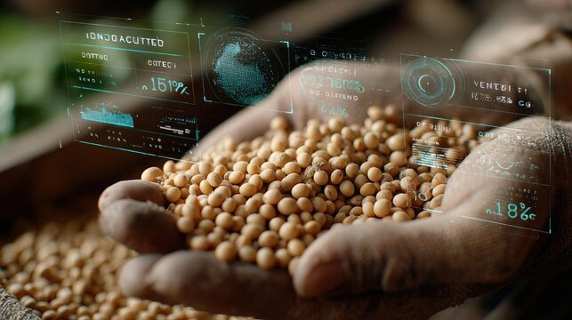 Close up of soybeans in hand, holographic nutritional value labels and protein content percentage overlay, food science concept 