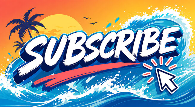 A colorful subscribe button with a wave design and palm tree on a sunny beach