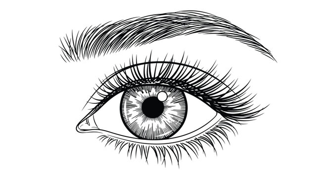 Detailed line art of a female eye with long eyelashes and eyebrow