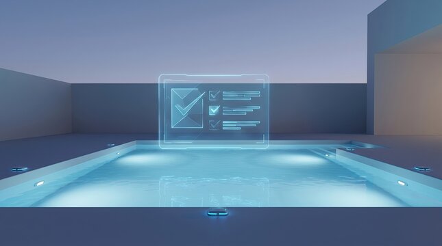 Pool pro checks list near blue water ensures safety concept. Futuristic pool with holographic screen displaying data and analytics.