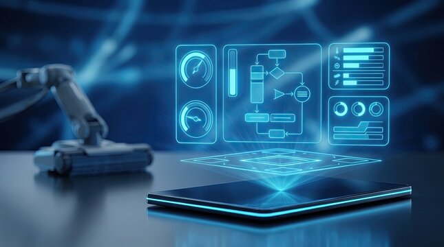 Pool pro checks list near blue water ensures safety concept. Futuristic robotic arm interacts with a glowing interface on a digital tablet.