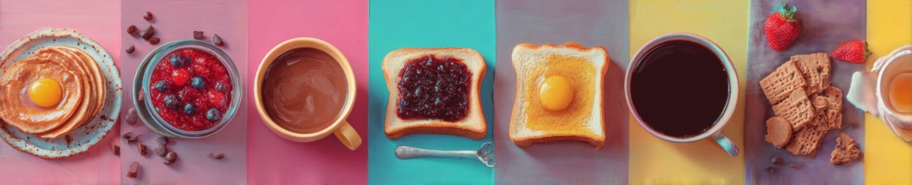 Colorful breakfast banner with pancakes toast jam coffee and cookies