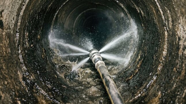 High-pressure water jet cleaning a dirty sewer pipe from inside, removing grime effectively.