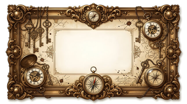 Ornate Steampunk Frame with Vintage Clocks, Keys, and Compass on Aged Paper Texture