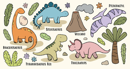 dinosaurs vector set. hand drawn isolated children clipart editable cute ink illustrations. Stegosaurus, Tyrannosaurus Rex, Triceratops, Pterodactyl, Brachiosaurus, volcano, leaves, rocks and flowers © curly