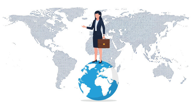 Businesswoman standing on Earth with world map backdrop
