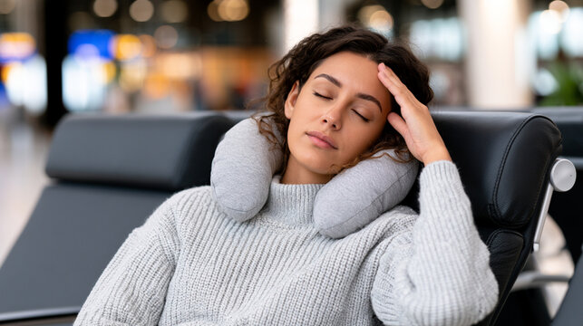 Exhausted Woman Traveler Resting in Airport Lounge with Body Pain