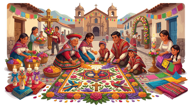 Peruvian Family Creates Colorful Corpus Christi Flower Carpet in Traditional Village Square with Church Background