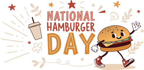 National hamburger day festive banner with a walking burger character, soda, and decorative elements. © Riazhasan444