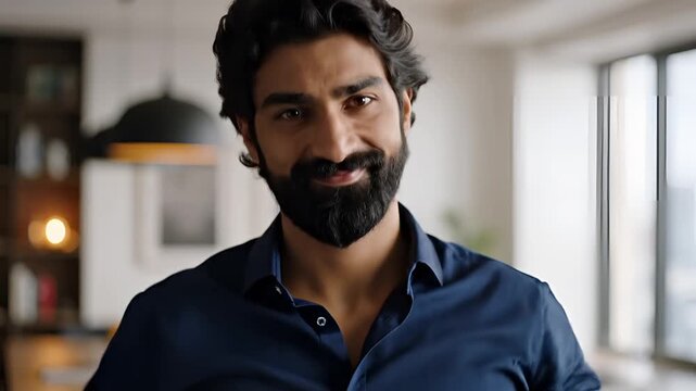 Man with beard in blue shirt looking at camera indoors.