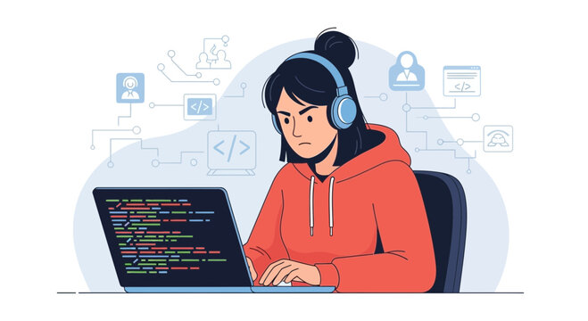 Focused Woman Coder Programming on Laptop with Headphones - Tech Illustration
