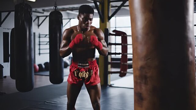 Muscular Black Man Training Boxing With Punching Bags In Gym.