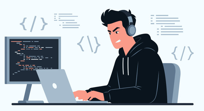 Focused programmer coding on laptop and desktop, wearing headphones