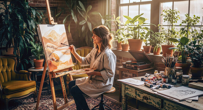 Woman painting landscape on canvas at easel in home art studio with plants and art supplies. Lifestyle photography. Creative hobby and artistic process concept for design and print. Eye level shot