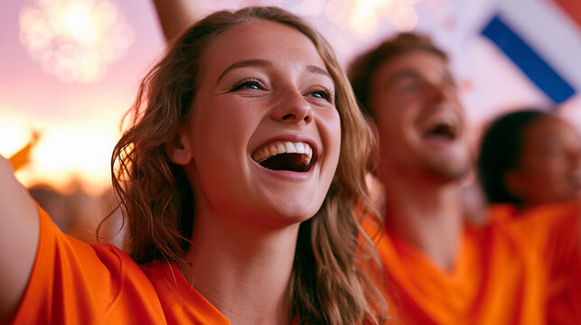 Passionate Dutch Woman Football Supporter Celebrating Victory in Orange Jersey