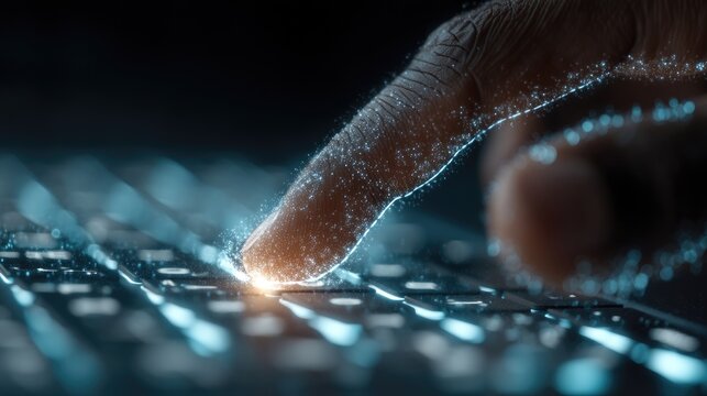 Close up of thumb typing, digital predictive text suggestions and autocorrect hologram overlay, smart typing technology concept 