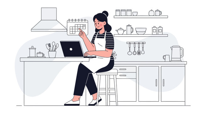Woman planning meals on laptop in kitchen, calendar in background