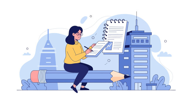 Woman learning on giant pencil with buildings and notebook