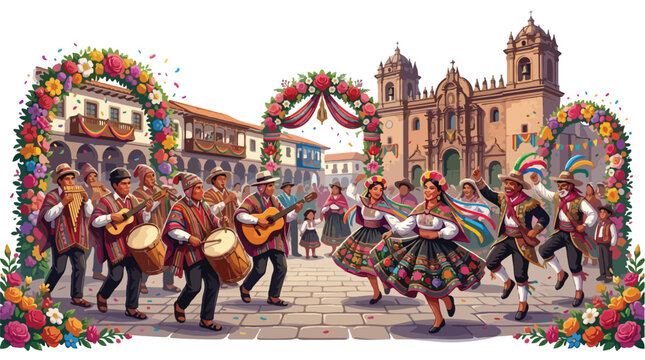 Vibrant Peruvian Festival Celebration in Cusco Plaza with Traditional Music Dance and Colorful Flower Arches