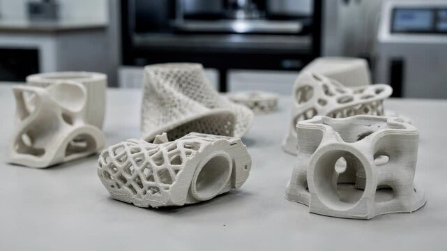Medium shot of 3Dprinted ceramic prototype parts focusing on precision additive manufacturing for complex mineral shapes and rapid product development.