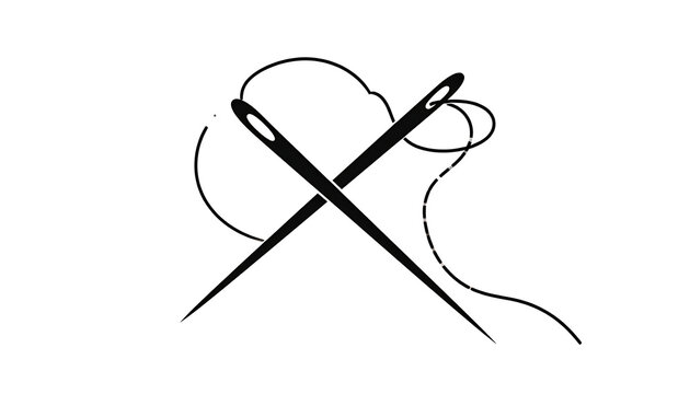 Crossed sewing needles with thread, simple line art for tailoring and craft concepts