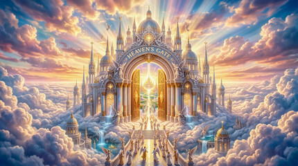 Obraz premium Majestic golden entrance to Heaven's Gate in a cloudy celestial sky.
