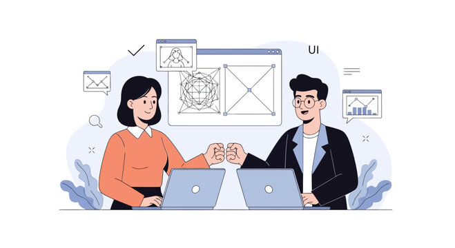 Teamwork success: developers fist bumping after successful project completion