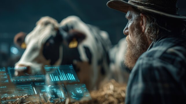 Dairy farmer checking a cow, holographic health stats and milk production volume charts popping up, smart livestock management concept 