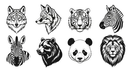 Detailed black and white animal head illustrations wildlife icons wolf tiger zebra bear panda lion monochrome drawings various species nature graphics © Kamola