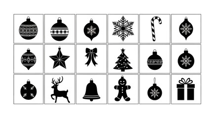 Collection of black and white christmas icons including ornaments snowflakes and holiday symbols © Kamola